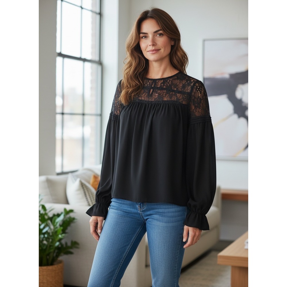 Parker Black Lace Yoke Long Sleeve‎ Blouse Ruffle Cuff Keyhole Back Top XS